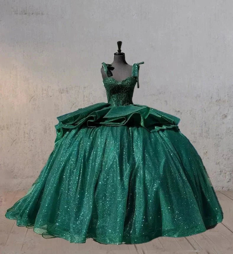 Ball-Gown Lace Emerald Green Glitters Quinceanera Dresses - Curvevia