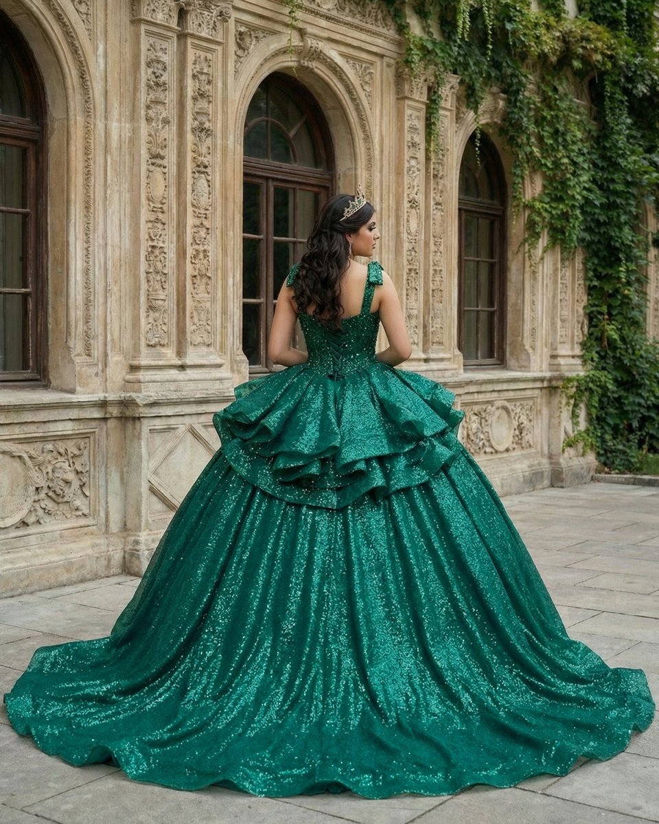 Ball-Gown Lace Emerald Green Glitters Quinceanera Dresses - Curvevia