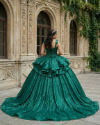 Ball-Gown Lace Emerald Green Glitters Quinceanera Dresses - Curvevia