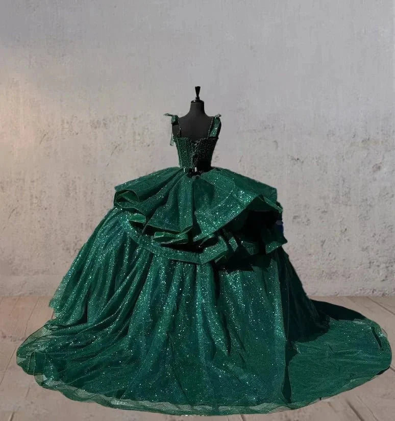 Ball-Gown Lace Emerald Green Glitters Quinceanera Dresses - Curvevia