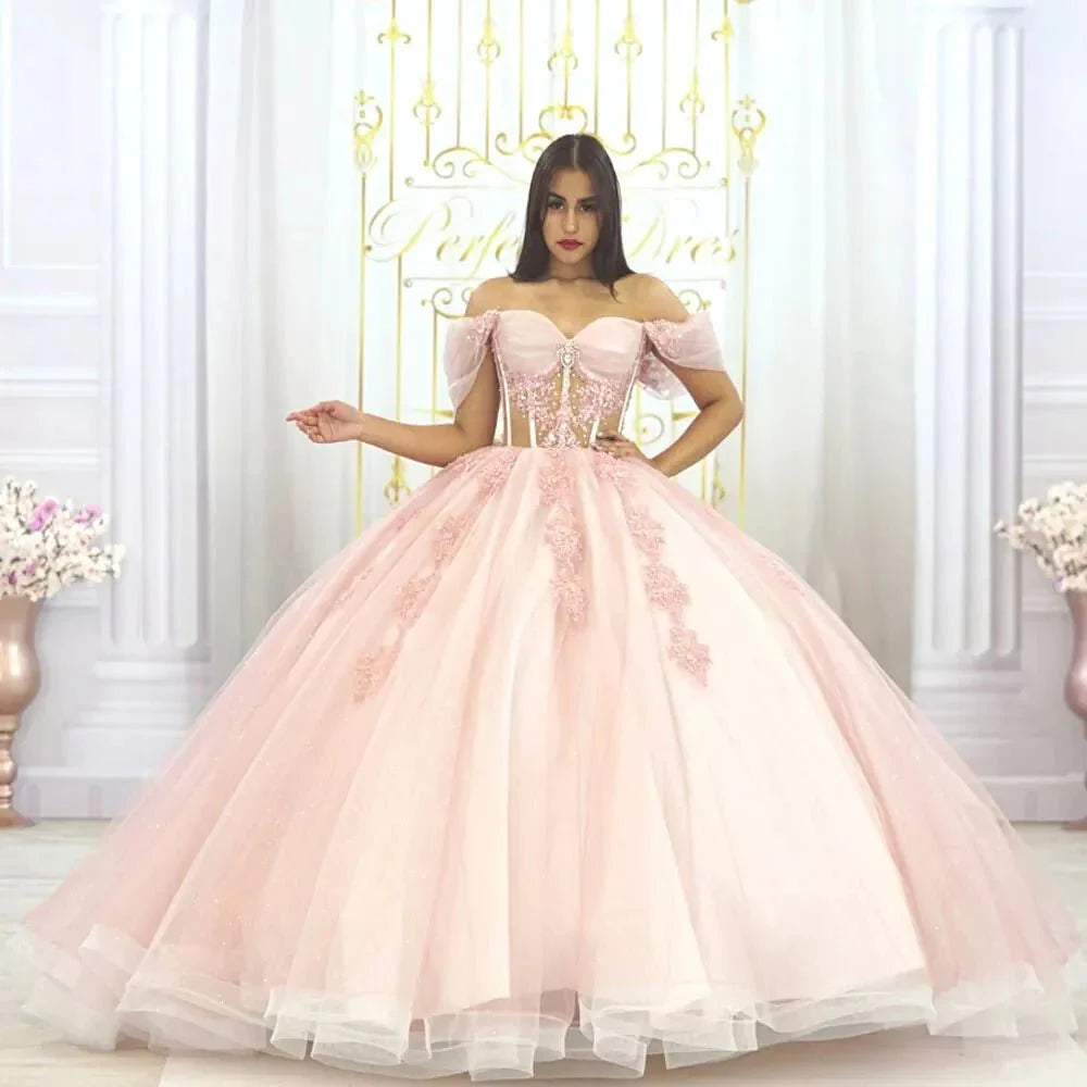 Ball-Gown Pink Off-the-Shoulder Quinceanera Dresses - Curvevia