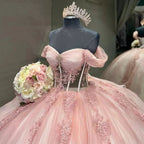 Ball-Gown Pink Off-the-Shoulder Quinceanera Dresses - Curvevia