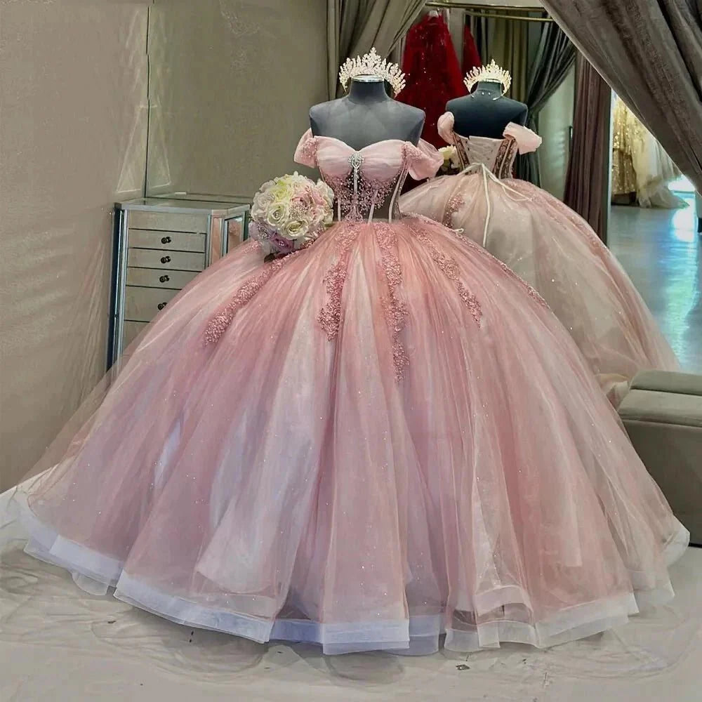 Ball-Gown Pink Off-the-Shoulder Quinceanera Dresses - Curvevia