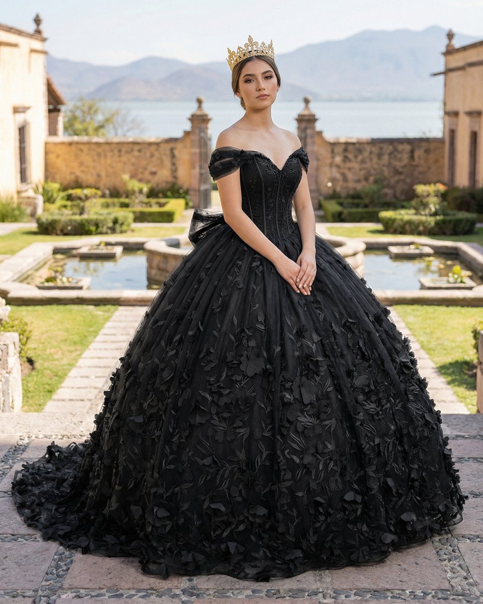 Black Ball Gown Off The Shoulder Quinceanera Dresses With Bowknot - Curvevia