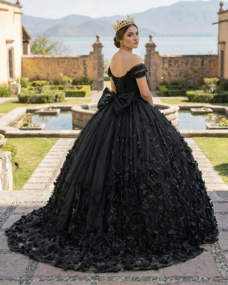 Black Ball Gown Off The Shoulder Quinceanera Dresses With Bowknot - Curvevia