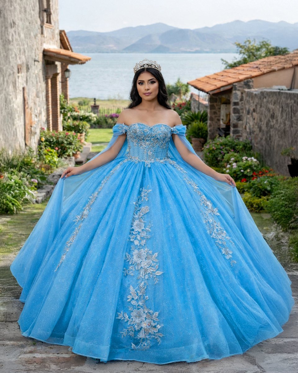 Ball-Gown Sky Blue Appliques Quinceanera Dresses with Cape - Curvevia
