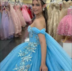 Ball-Gown Sky Blue Appliques Quinceanera Dresses with Cape - Curvevia