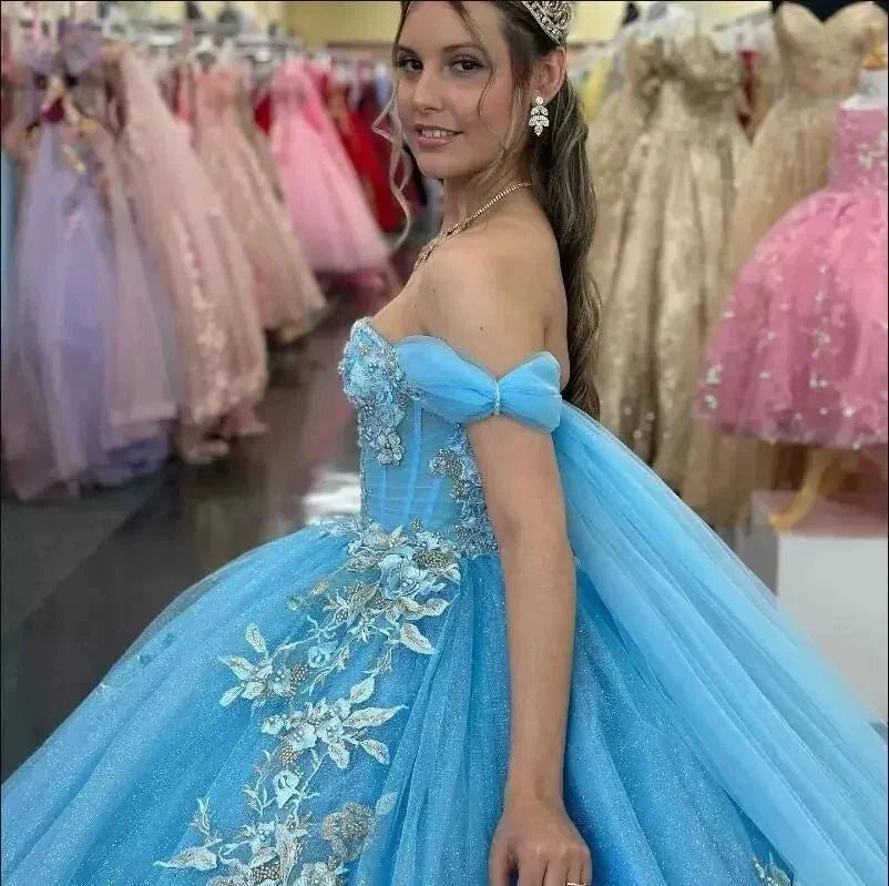 Ball-Gown Sky Blue Appliques Quinceanera Dresses with Cape - Curvevia
