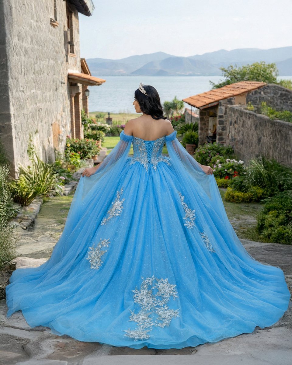Ball-Gown Sky Blue Appliques Quinceanera Dresses with Cape - Curvevia