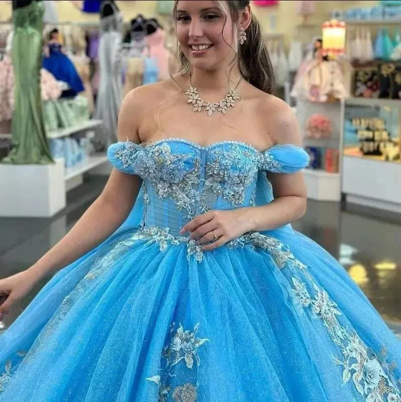 Ball-Gown Sky Blue Appliques Quinceanera Dresses with Cape - Curvevia