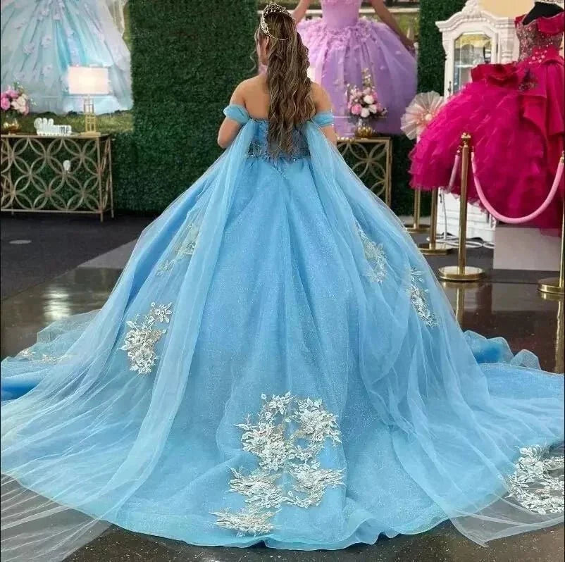 Ball-Gown Sky Blue Appliques Quinceanera Dresses with Cape - Curvevia