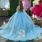 Ball-Gown Sky Blue Appliques Quinceanera Dresses with Cape - Curvevia
