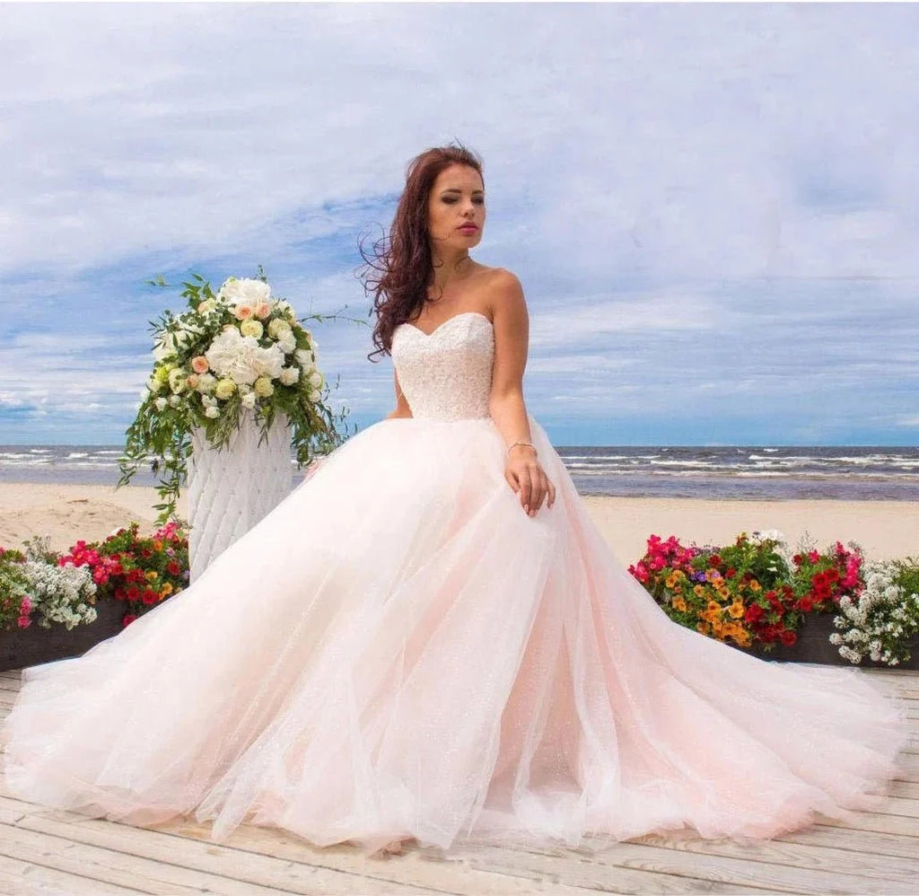 Ball Gown Tulle Lace Satin Strapless Weddig Dress - Curvevia