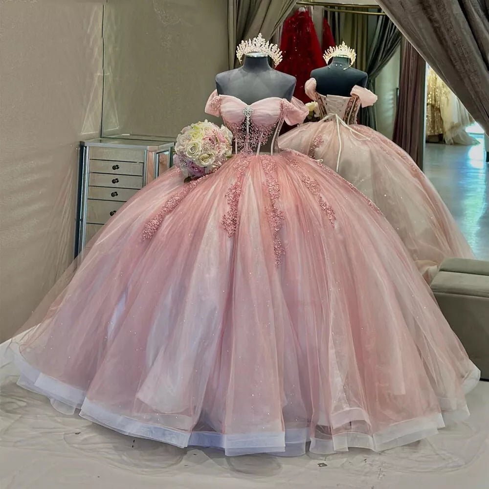 Ball-Gown Tulle Light Pink Off-the-Shoulder Quinceanera Dress with Appliques - Curvevia