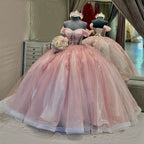 Ball-Gown Tulle Light Pink Off-the-Shoulder Quinceanera Dress with Appliques - Curvevia