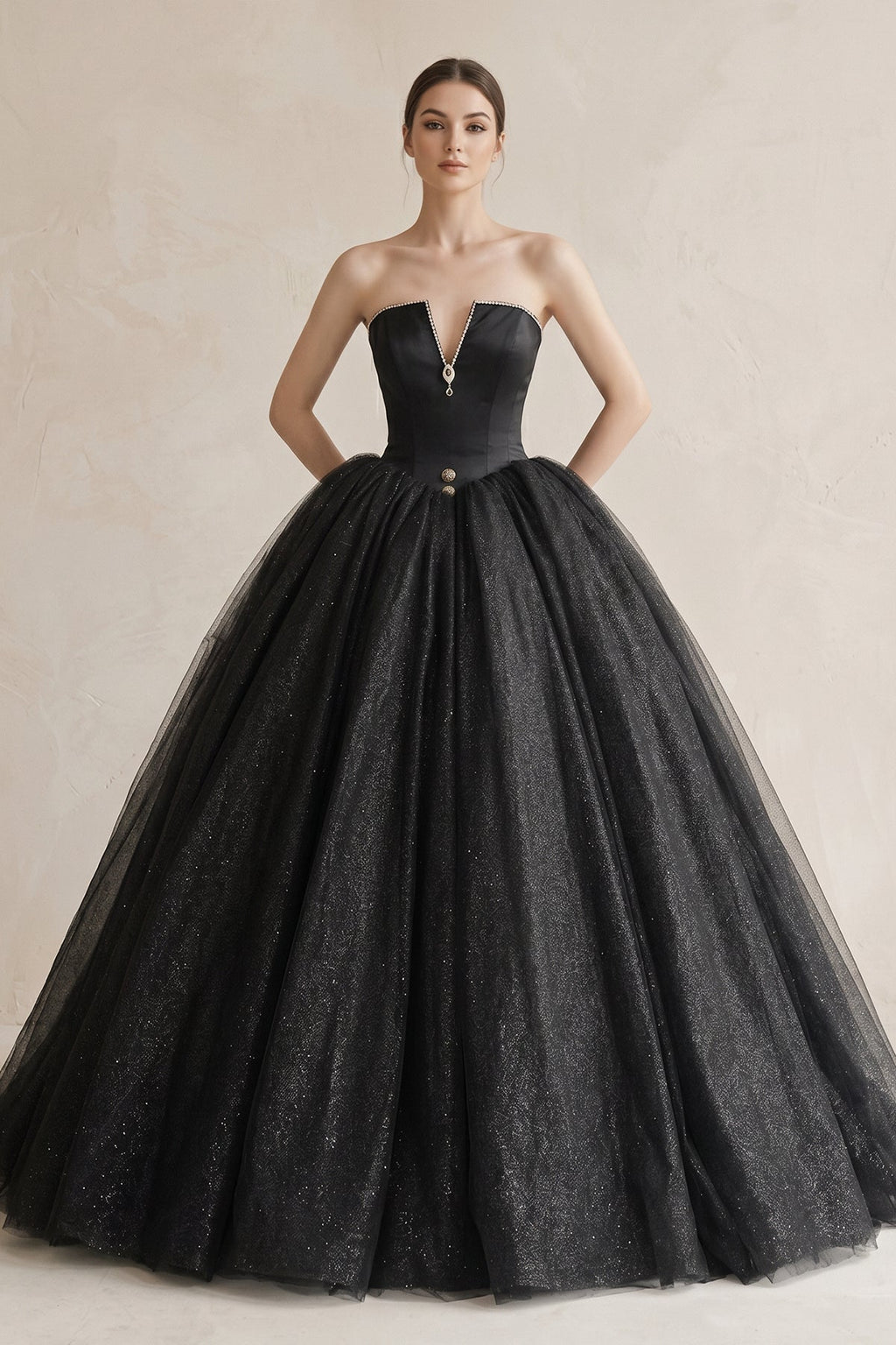 Ball-Gown Tulle Plunging Wedding Dress in Black - Curvevia