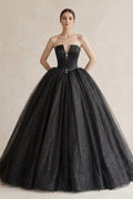 Ball-Gown Tulle Plunging Wedding Dress in Black - Curvevia