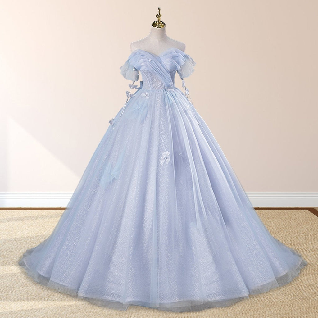 Ball-Gown Tulle Off The Shoulder Pearls Butterflies Quinceanera Dress with Appliqued - Curvevia