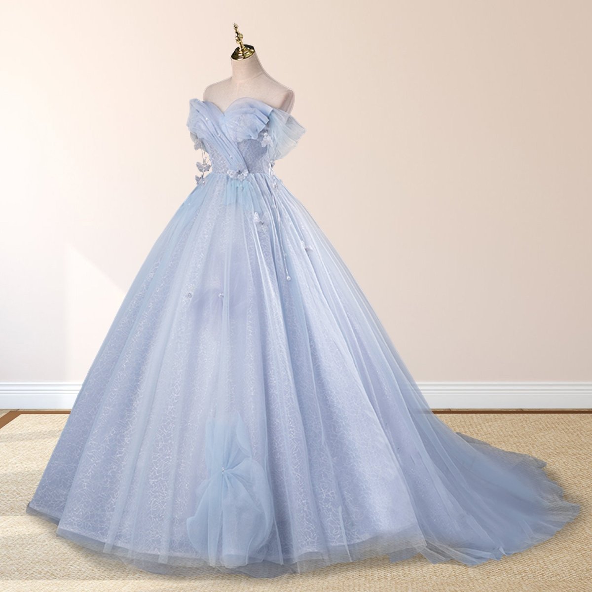 Ball-Gown Tulle Off The Shoulder Pearls Butterflies Quinceanera Dress with Appliqued - Curvevia