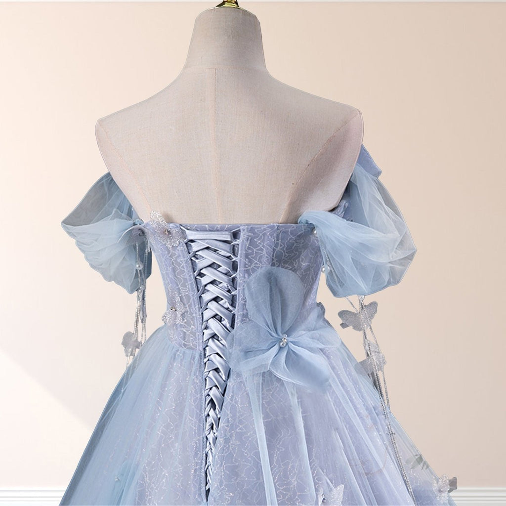 Ball-Gown Tulle Off The Shoulder Pearls Butterflies Quinceanera Dress with Appliqued - Curvevia