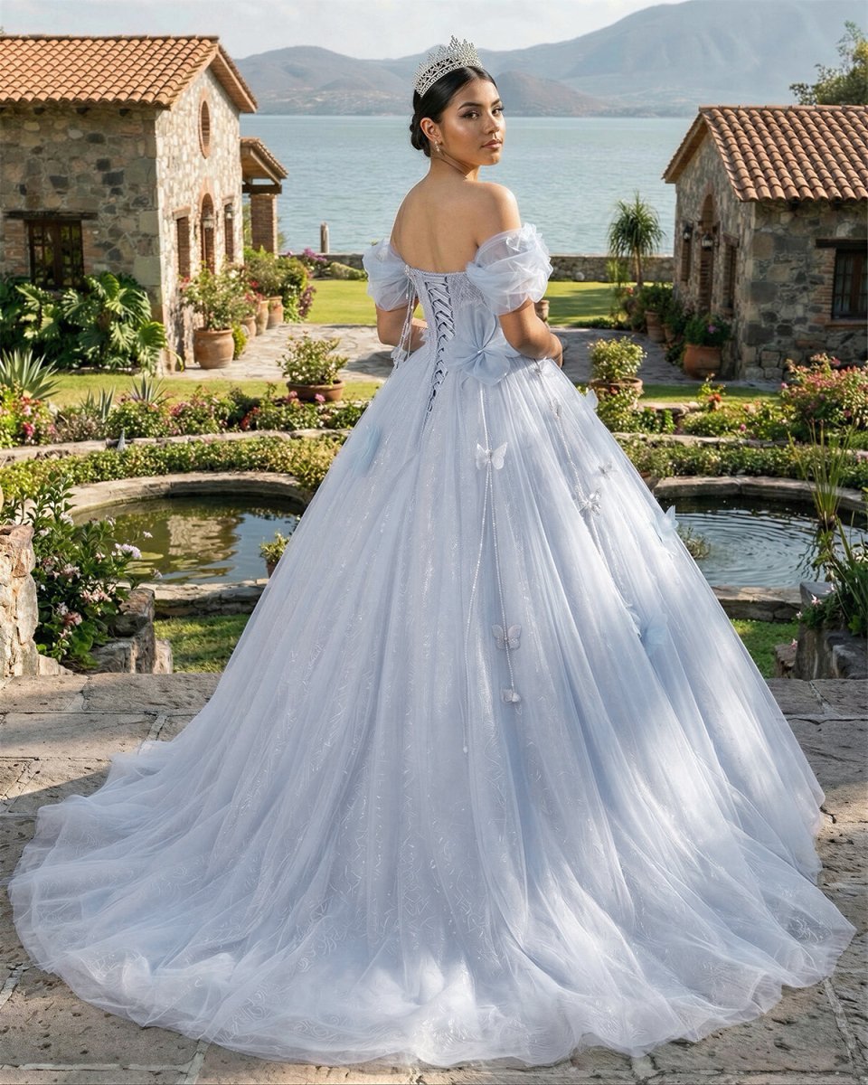 Ball-Gown Tulle Off The Shoulder Pearls Butterflies Quinceanera Dress with Appliqued - Curvevia