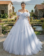 Ball-Gown Tulle Off The Shoulder Pearls Butterflies Quinceanera Dress with Appliqued - Curvevia