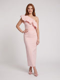 Blushing Pink Matte Satin Sheath One Shoulder Side Zip Long Dress with Gathered Puff Overlay - Curvevia