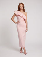 Blushing Pink Matte Satin Sheath One Shoulder Side Zip Long Dress with Gathered Puff Overlay - Curvevia