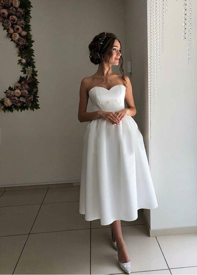 Short Satin Sweetheart Tea-length Bridal Dress for Casual Wedding - Curvevia