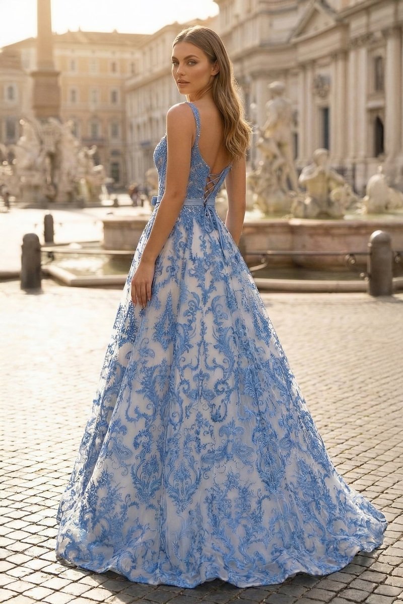Blue A Line Square Neck Tulle Applique Long Wedding Guest Dress with Lace Appliques - Curvevia