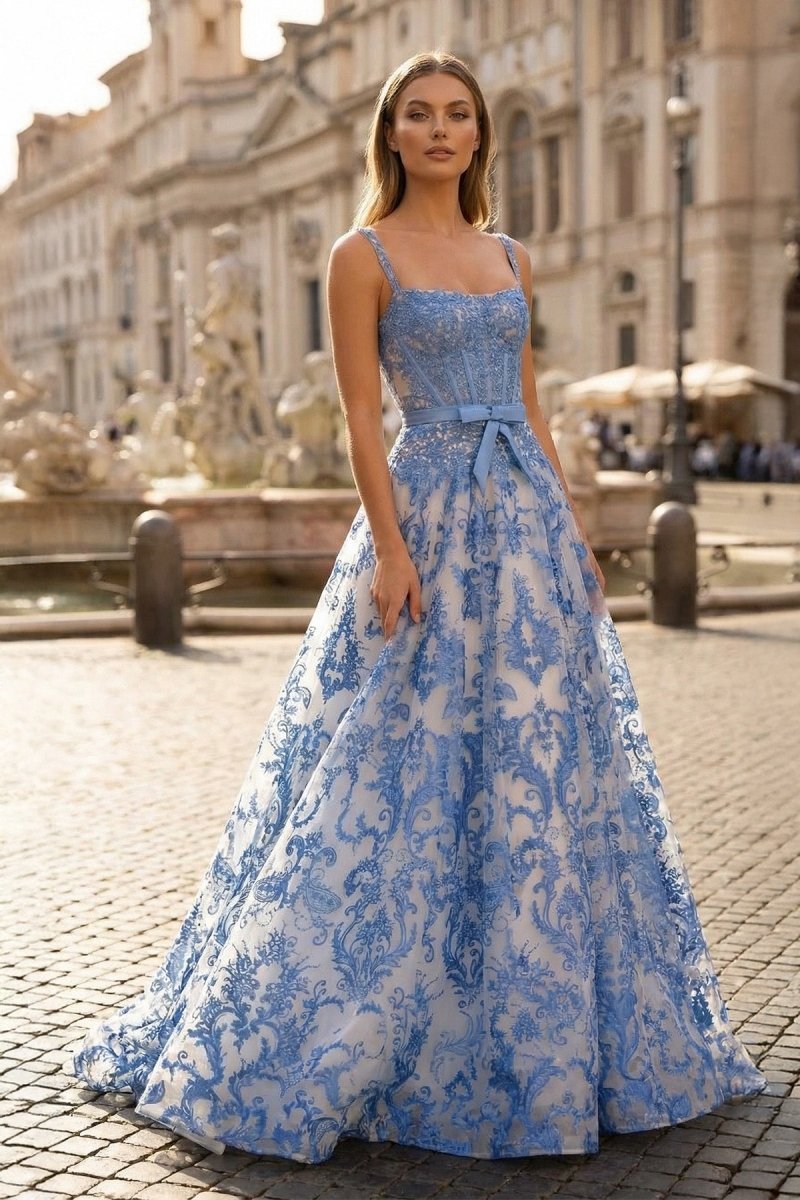 Blue A Line Square Neck Tulle Applique Long Wedding Guest Dress with Lace Appliques - Curvevia