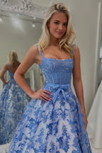 Blue A Line Square Neck Tulle Applique Long Wedding Guest Dress with Lace Appliques - Curvevia