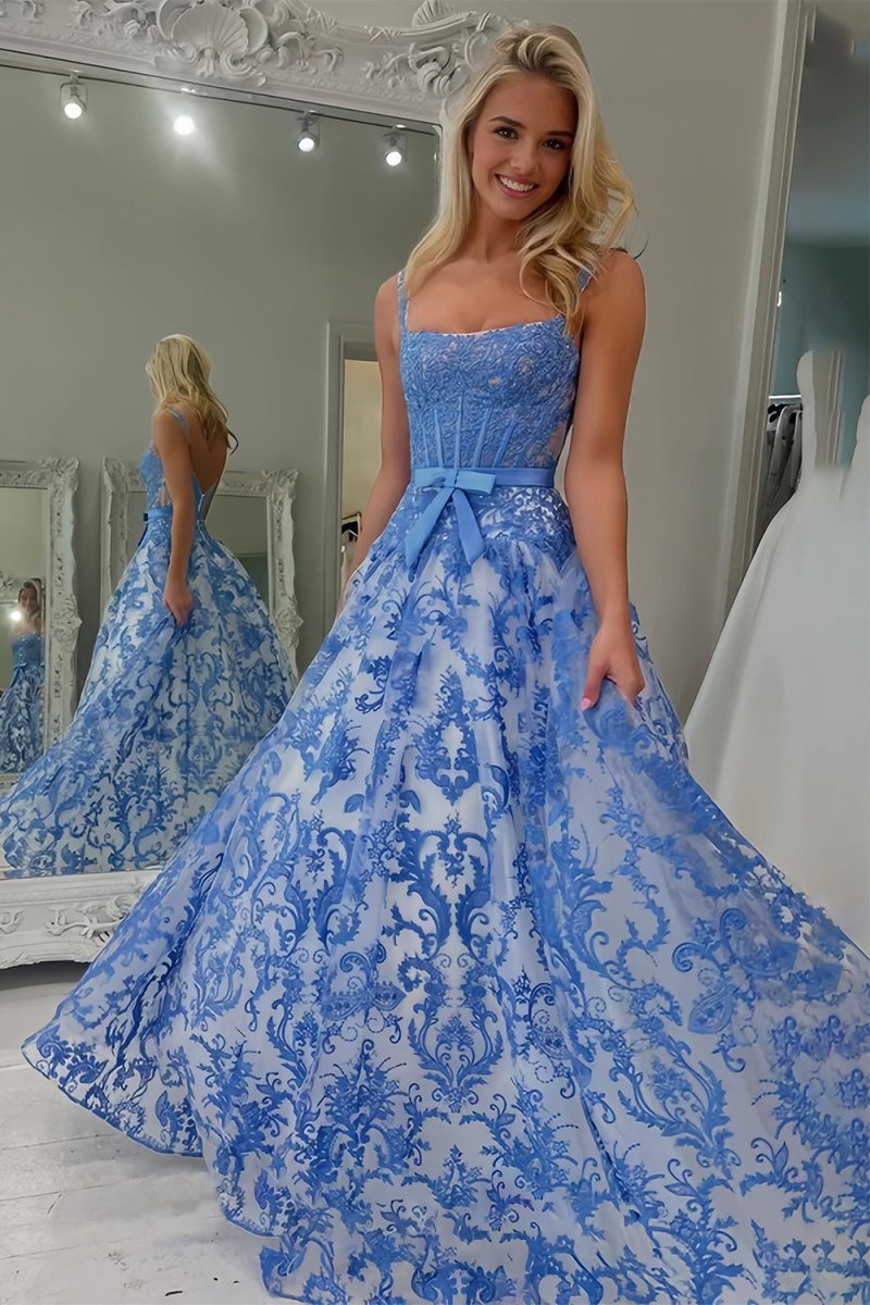 Blue A Line Square Neck Tulle Applique Long Wedding Guest Dress with Lace Appliques - Curvevia