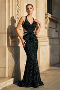 Halter Halter Sequined Sleeveless Mermaid Sparkly Long Prom Dress - Curvevia