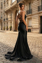 Mermaid Spaghetti Straps Blue Satin Long Evening Dress with Criss Cross Back - Curvevia