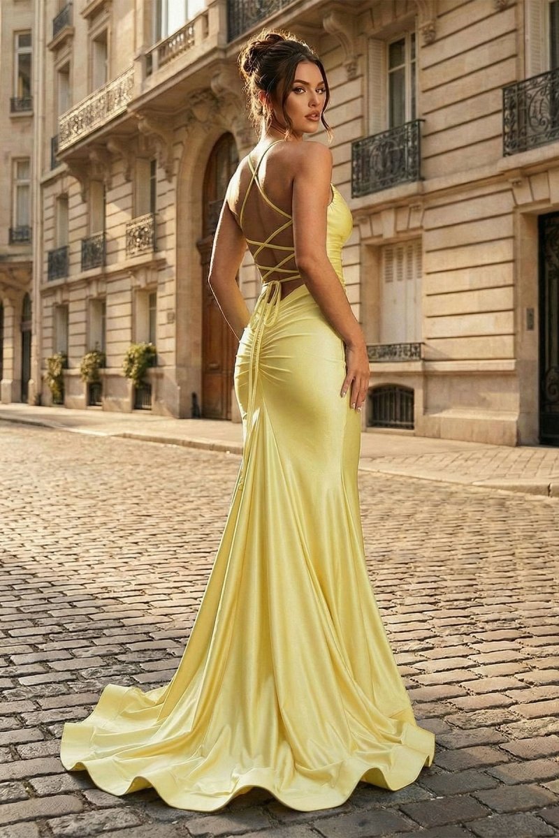 Mermaid Spaghetti Straps Blue Satin Long Evening Dress with Criss Cross Back - Curvevia