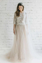 Bateau Lace Half Sleeve A-Line Tulle Dress With Low-V Back - Curvevia