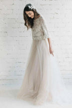 Bateau Lace Half Sleeve A-Line Tulle Dress With Low-V Back - Curvevia