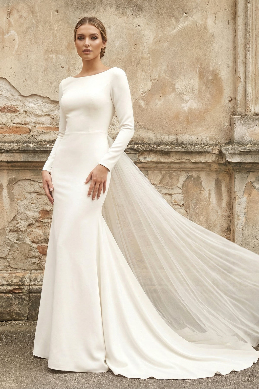 Simple Chiffon Mermaid Bateau-neck Deep-V Back Bridal Gown with Chapel Train - Curvevia