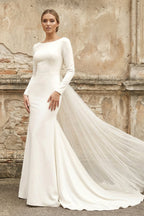 Simple Chiffon Mermaid Bateau-neck Deep-V Back Bridal Gown with Chapel Train - Curvevia