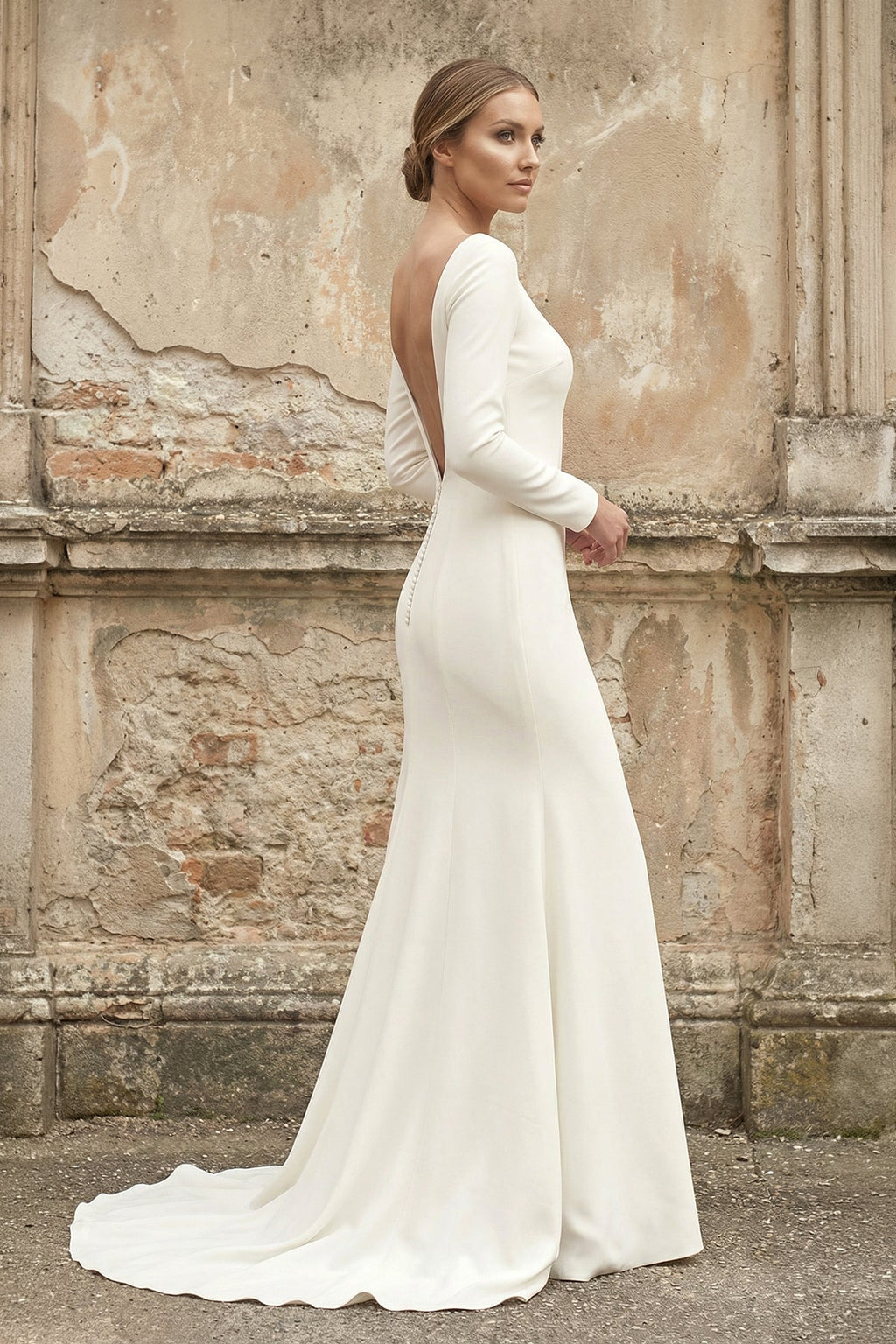 Simple Chiffon Mermaid Bateau-neck Deep-V Back Bridal Gown with Chapel Train - Curvevia