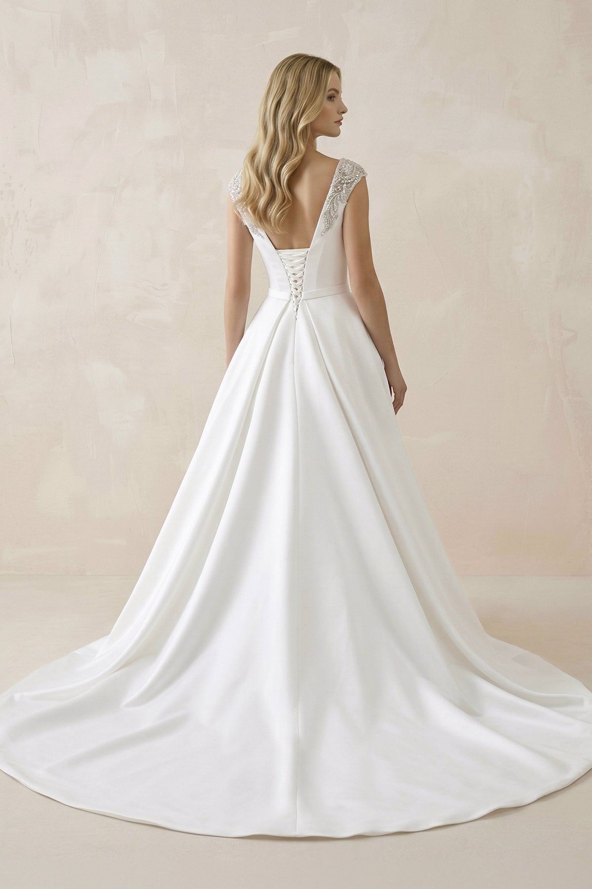 White Satin Cap Sleeve Lace-Up Wedding Dress With Pearls - Curvevia