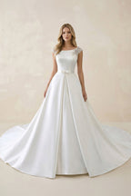 White Satin Cap Sleeve Lace-Up Wedding Dress With Pearls - Curvevia