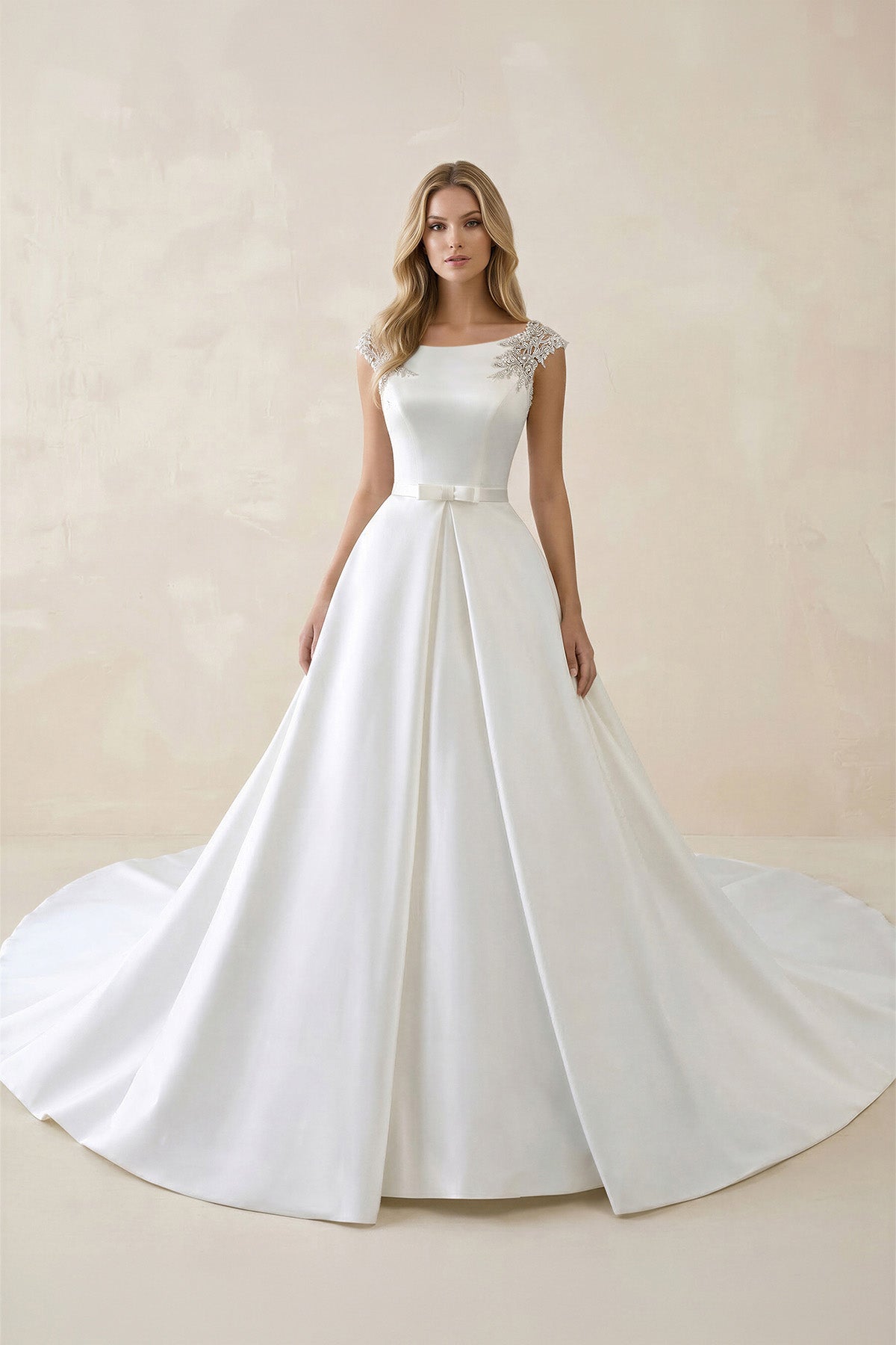 White Satin Cap Sleeve Lace-Up Wedding Dress With Pearls - Curvevia