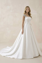 White Satin Cap Sleeve Lace-Up Wedding Dress With Pearls - Curvevia