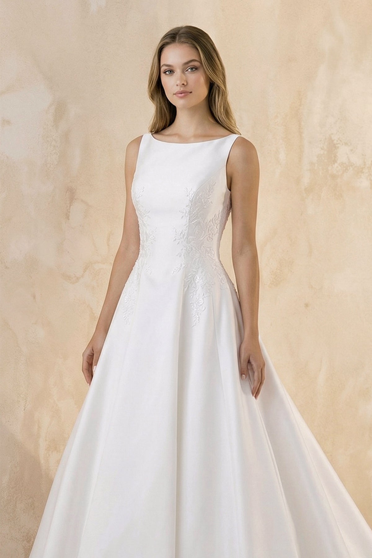Bateau Neck A-Line Satin Wedding Dress With Keyhole in White - Curvevia