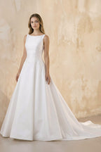 Bateau Neck A-Line Satin Wedding Dress With Keyhole in White - Curvevia