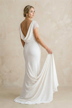 Bateau Neck Lace Cap Sleeve Mermaid Satin Chiffon Dress With Cowl Back - Curvevia