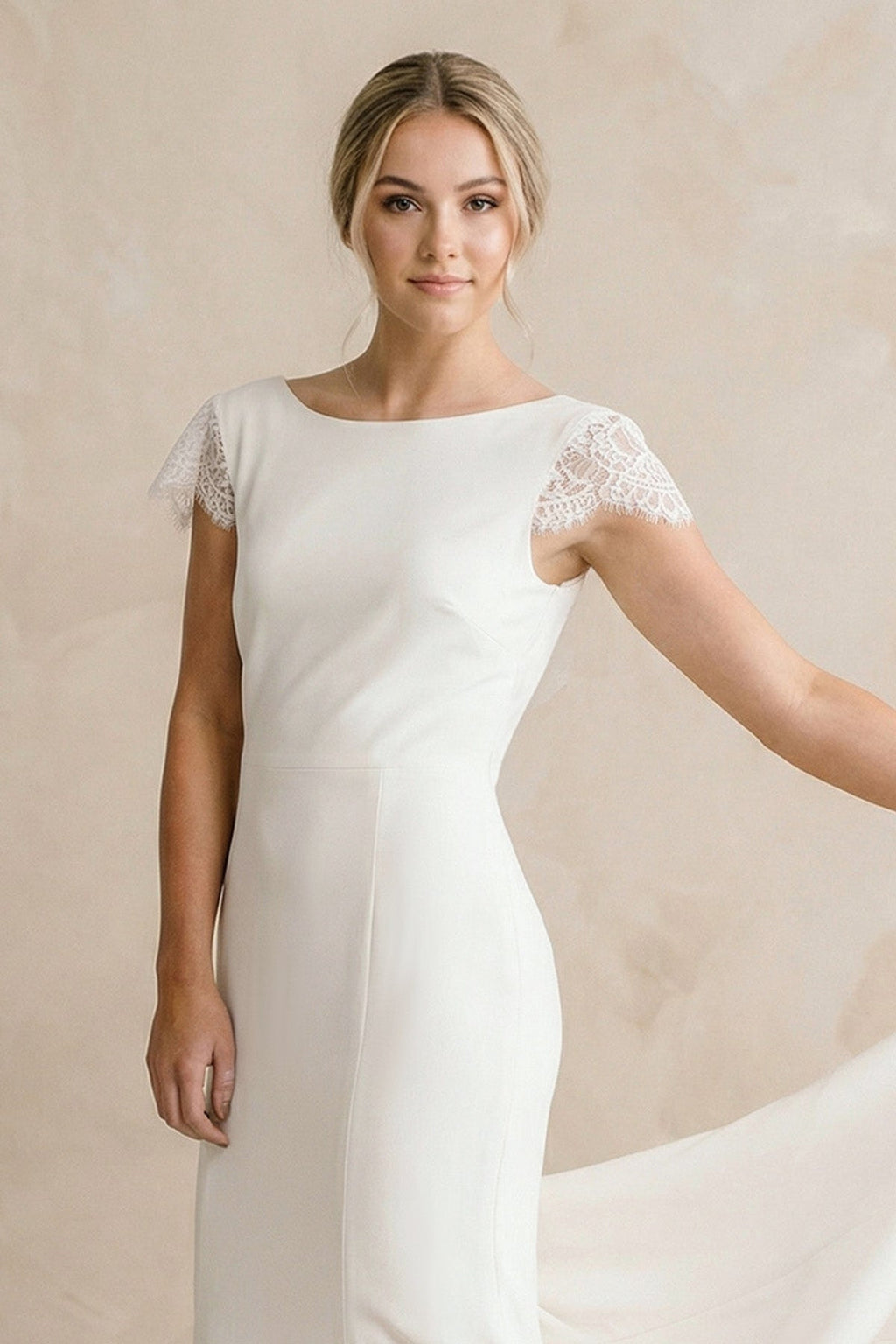 Bateau Neck Lace Cap Sleeve Mermaid Satin Chiffon Dress With Cowl Back - Curvevia