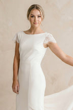Bateau Neck Lace Cap Sleeve Mermaid Satin Chiffon Dress With Cowl Back - Curvevia